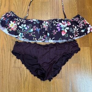 Hobie Floral Ruffle Bikini Top and Dark Purple Bottoms